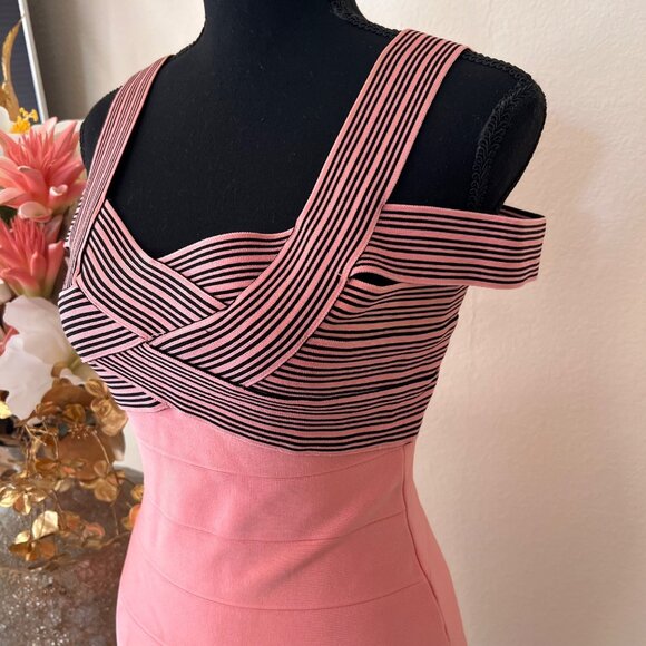 Y2K Deadstock Pink and Black Bandage Bodycon Mini Club Dress S - Picture 3 of 8